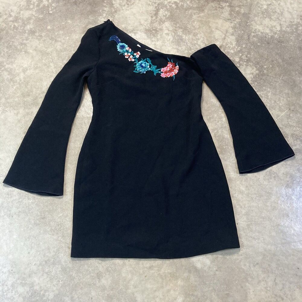 Rachel Zoe Dress 4 Black Harper Floral Sequins Off Shoulder Bell Sleeve Mini